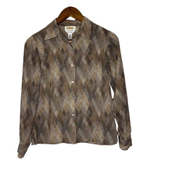 Talbots Brown 100% Silk Geometric Print Button Up Long Sleeve Shirt Size 2 Women - Picture 1 of 9